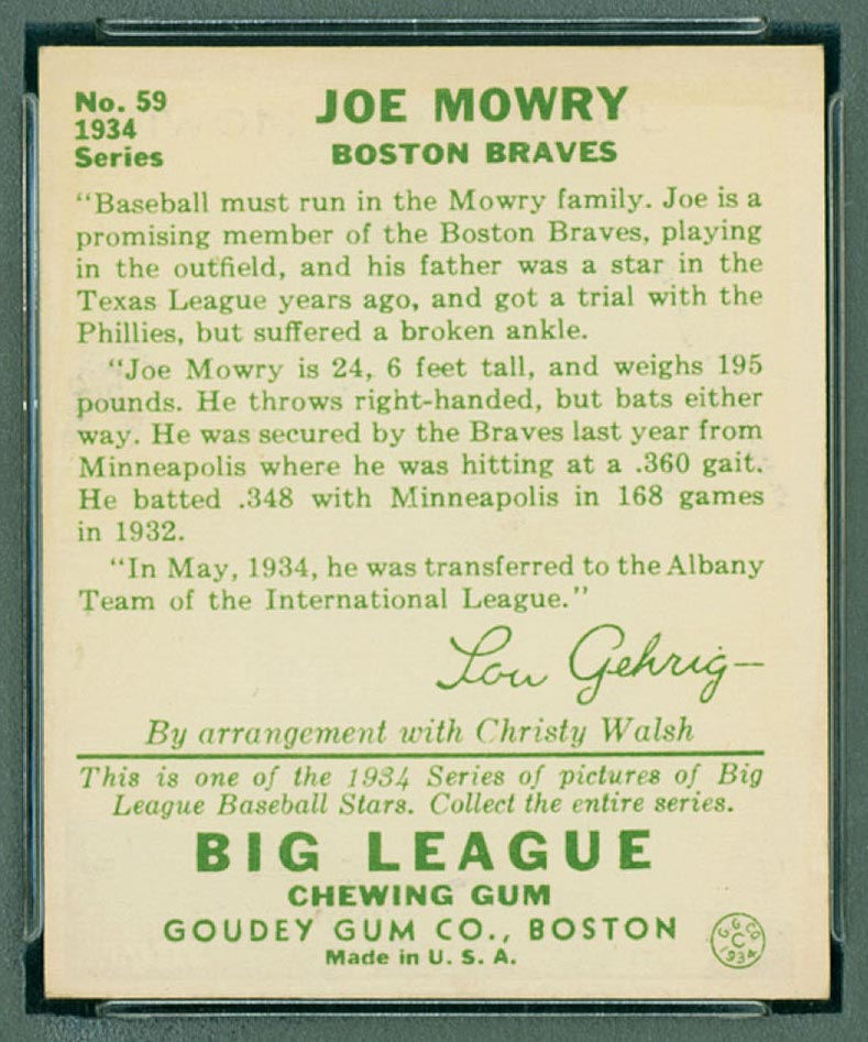 1934 Goudey #59 Joe Mowry Boston Braves - Back