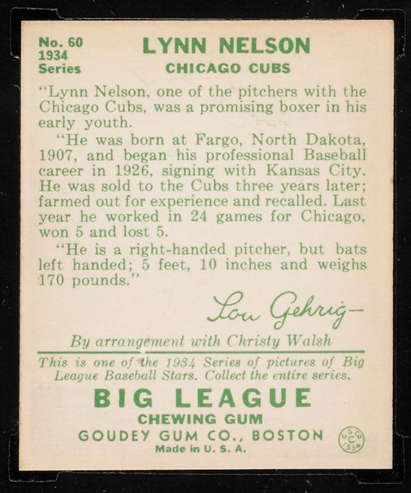 1934 Goudey #60 Lynn Nelson Chicago Cubs - Back