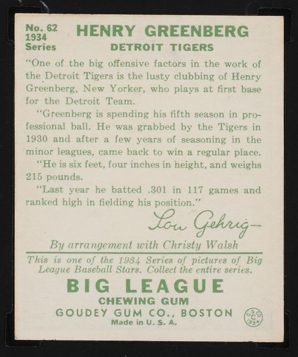 1934 Goudey #62 Henry Greenberg Detroit Tigers - Back