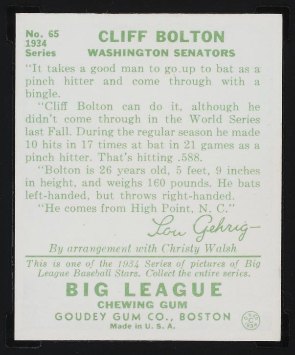 1934 Goudey #65 Cliff Bolton Washington Senators - Back