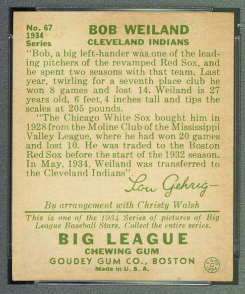 1934 Goudey #67 Bob Weiland Cleveland Indians - Back