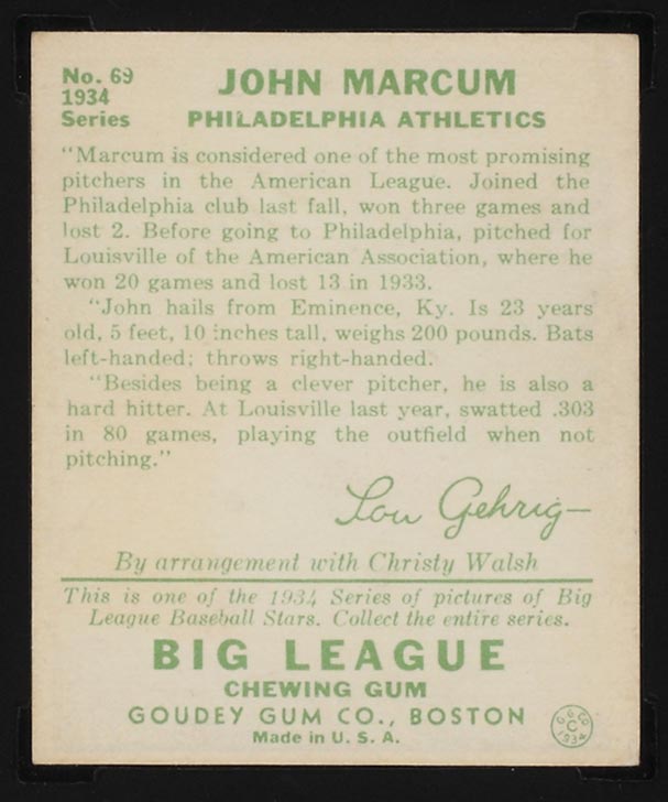 1934 Goudey #69 John Marcum Philadelphia Athletics - Back