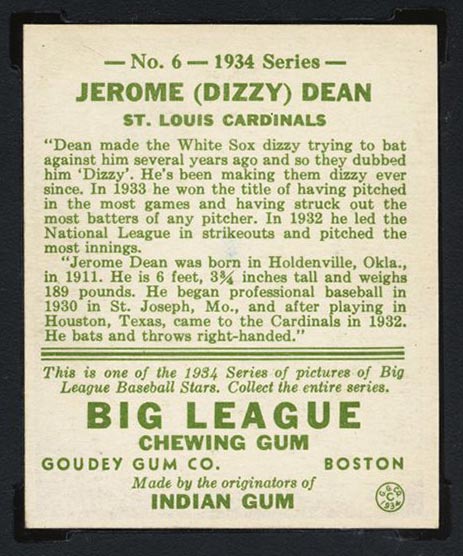 1934 Goudey #6 Jerome (Dizzy) Dean St. Louis Cardinals - Back