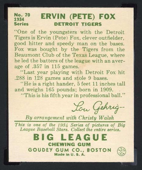 1934 Goudey #70 Ervin (Pete) Fox Detroit Tigers - Back