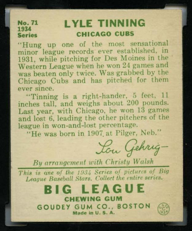 1934 Goudey #71 Lyle Tinning Chicago Cubs - Back