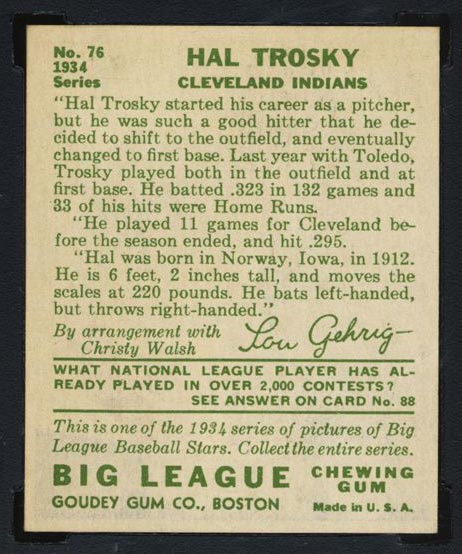 1934 Goudey #76 Hal Trosky Cleveland Indians - Back