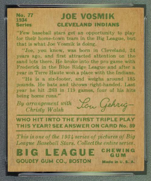 1934 Goudey #77 Joe Vosmik Cleveland Indians - Back