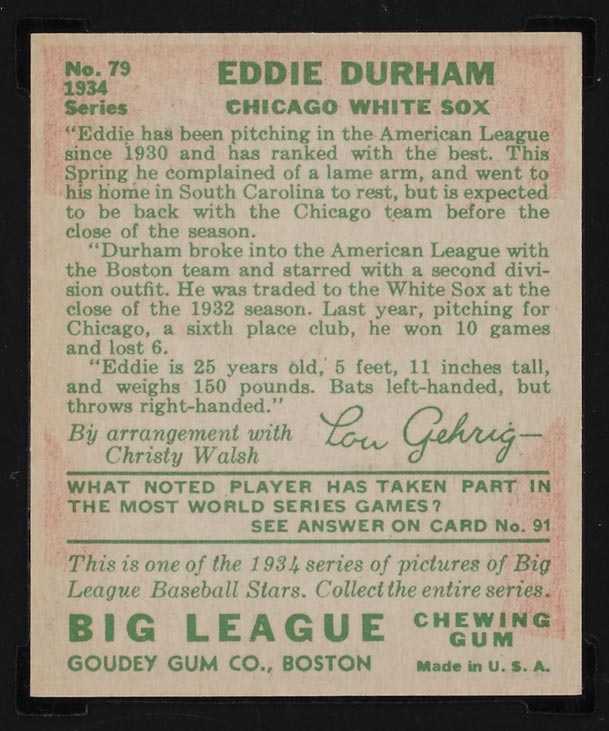 1934 Goudey #79 Eddie Durham Chicago White Sox - Back