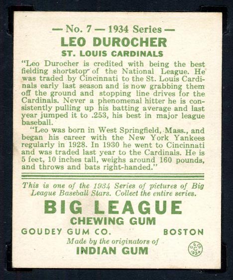1934 Goudey #7 Leo Durocher St. Louis Cardinals - Back