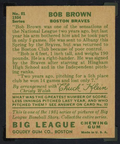 1934 Goudey #81 Bob Brown Boston Braves - Back