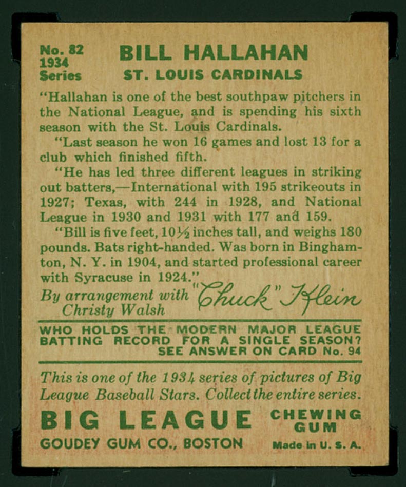 1934 Goudey #82 Bill Hallahan St. Louis Cardinals - Back