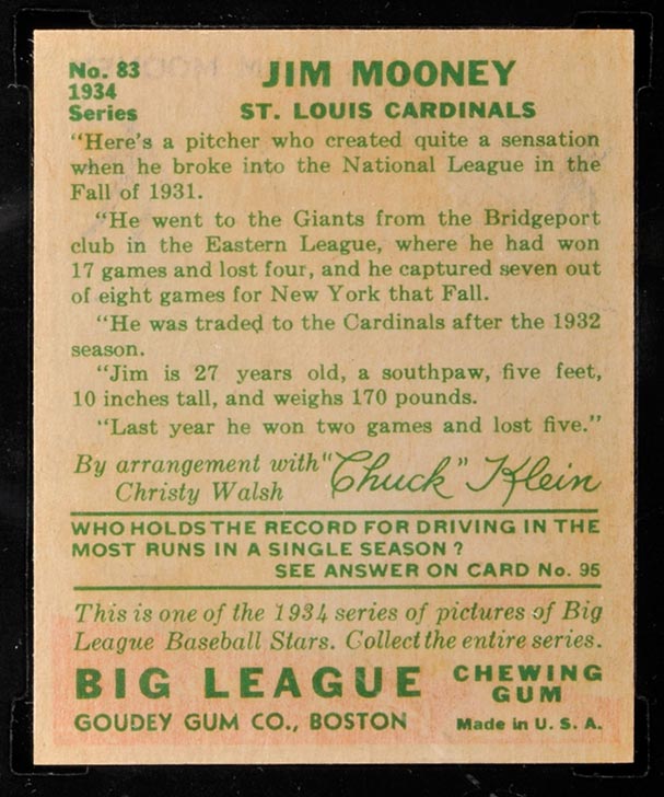 1934 Goudey #83 Jim Mooney St. Louis Cardinals - Back