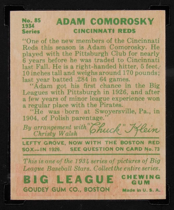 1934 Goudey #85 Adam Comorosky Cincinnati Reds - Back