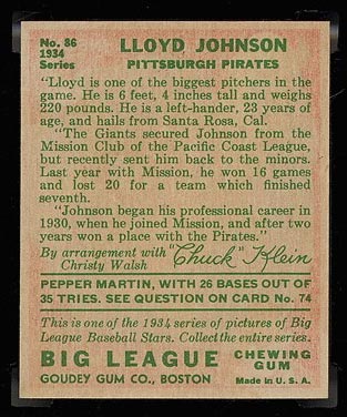 1934 Goudey #86 Lloyd Johnson Pittsburgh Pirates - Back