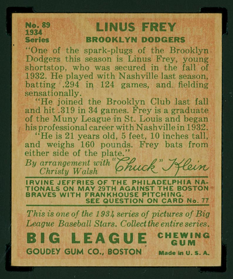 1934 Goudey #89 Linus Frey Brooklyn Dodgers - Back