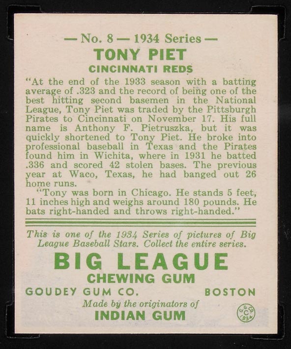 1934 Goudey #8 Tony Piet Cincinnati Reds - Back