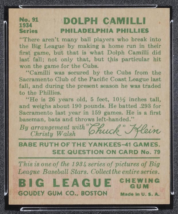 1934 Goudey #91 Dolph Camilli Philadelphia Phillies - Back