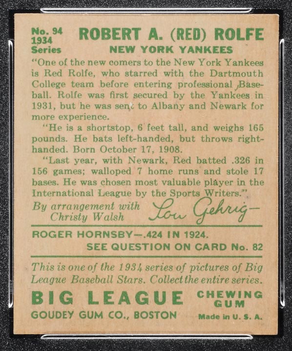 1934 Goudey #94 Red Rolfe New York Yankees - Back