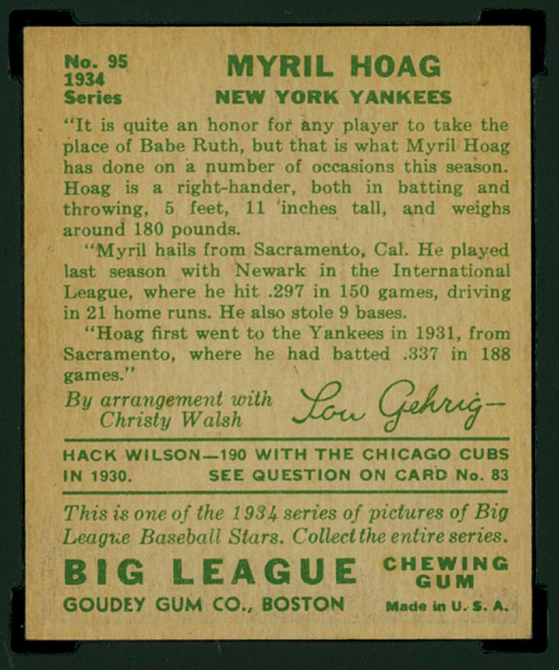 1934 Goudey #95 Myril Hoag New York Yankees - Back