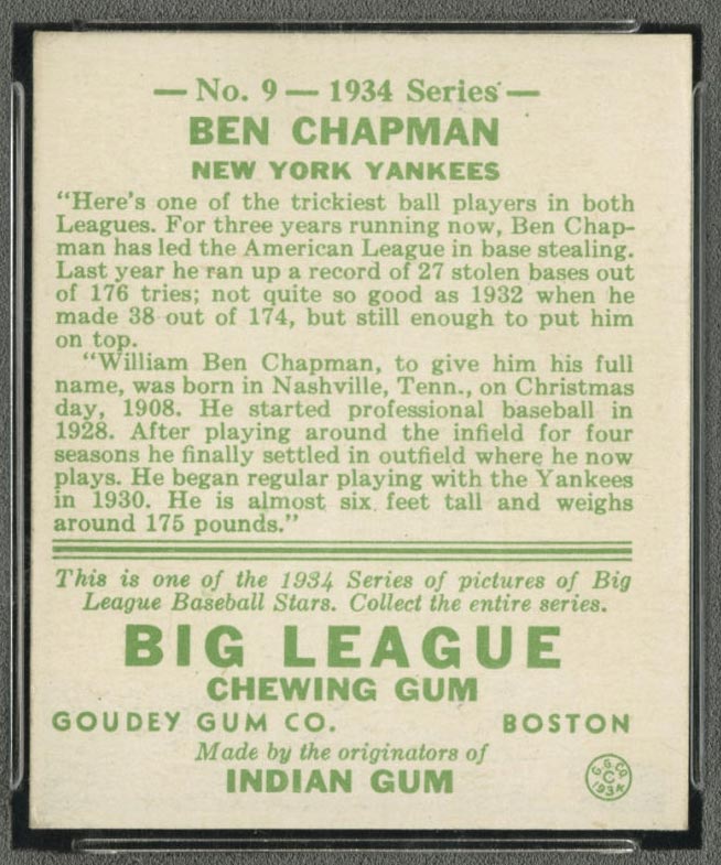 1934 Goudey #9 Ben Chapman New York Yankees - Back
