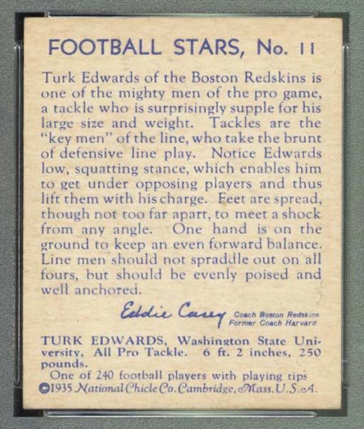 1935 National Chicle #11 Turk Edwards Boston Redskins - Back