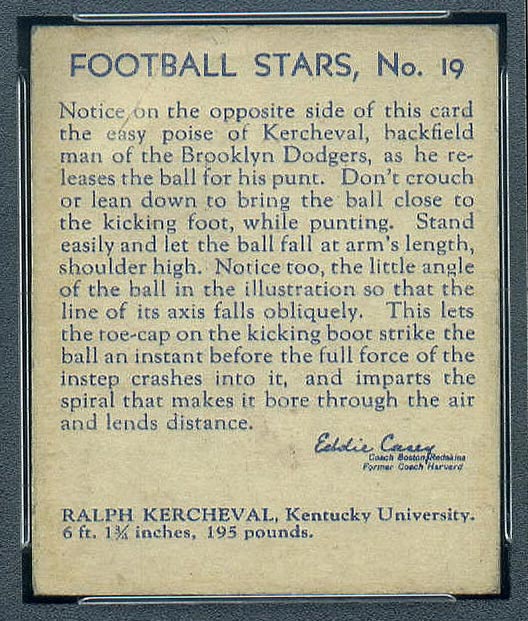 1935 National Chicle #19 Ralph Kercheval Brooklyn Dodgers - Back