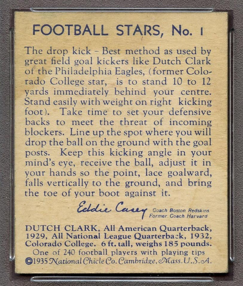 1935 National Chicle #1 “Dutch” Clark Philadelphia Eagles - Back