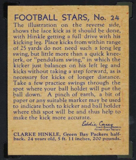 1935 National Chicle #24 Clarke Hinkle Green Bay Packers - Back