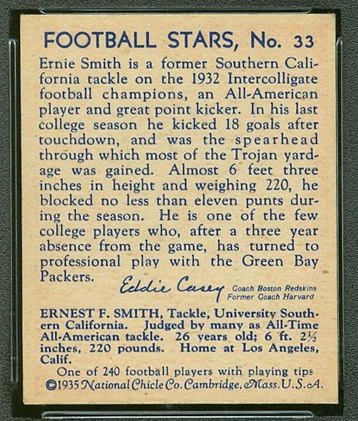 1935 National Chicle #33 Ernie Smith Green Bay Packers - Back