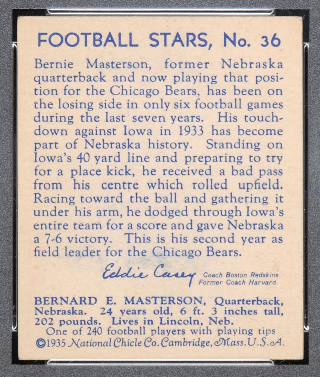 1935 National Chicle #36 Bernie Masterson Chicago Bears - Back