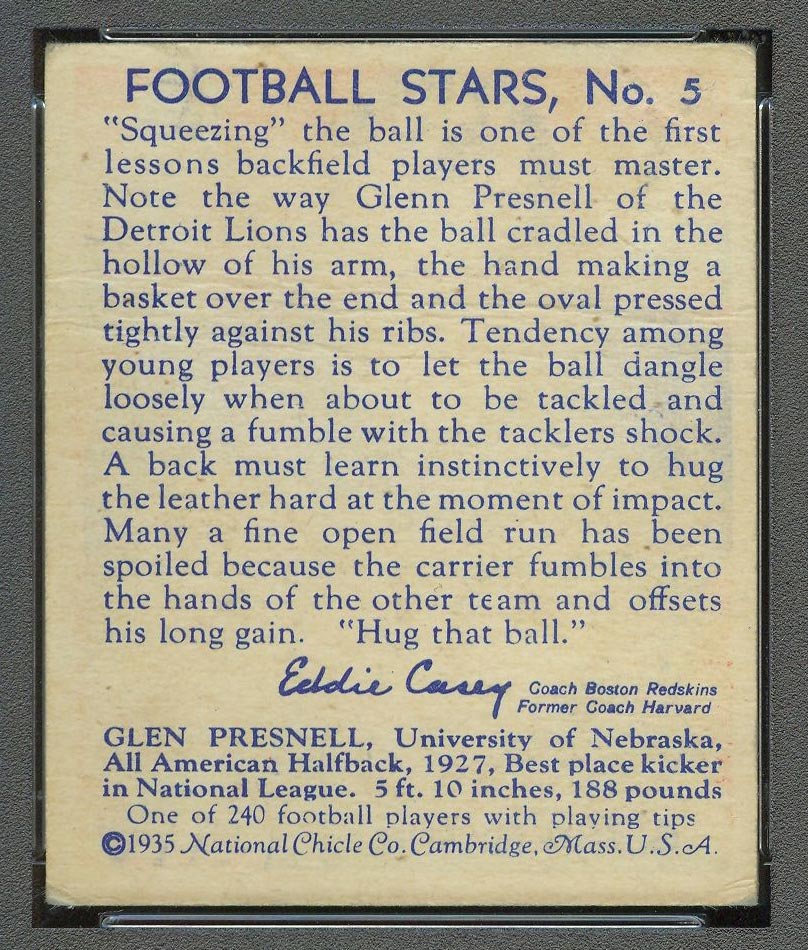1935 National Chicle #5 Glenn Presnell Detroit Lions - Back