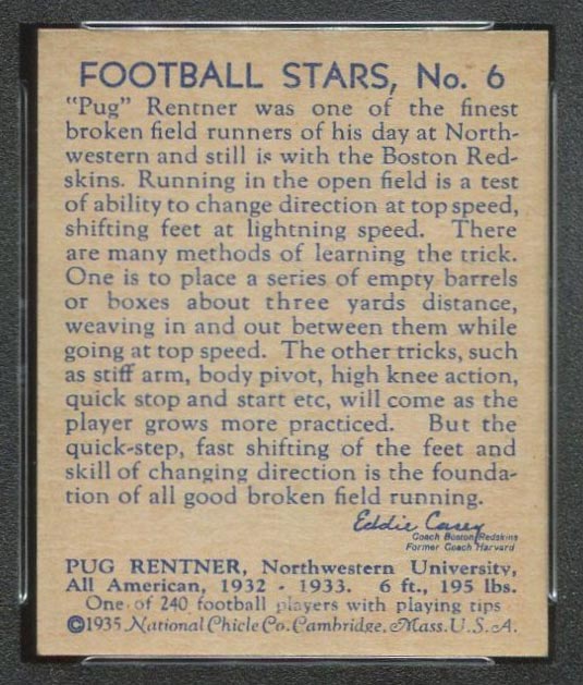 1935 National Chicle #6 “Pug” Rentner Boston Redskins - Back