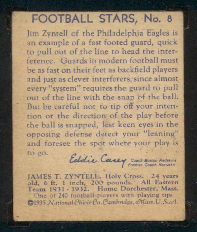 1935 National Chicle #8 Jim Zyntell Philadelphia Eagles - Back