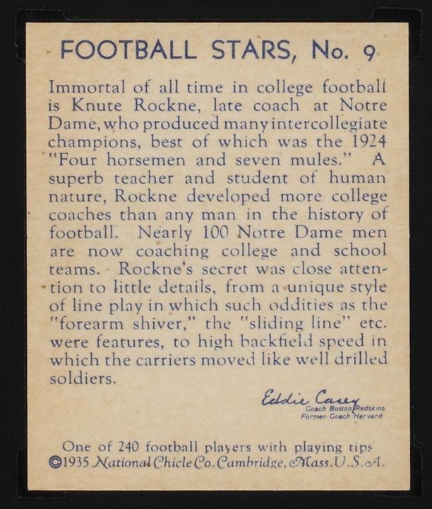 1935 National Chicle #9 Knute Rockne Coach, Notre Dame Fighting Irish - Back