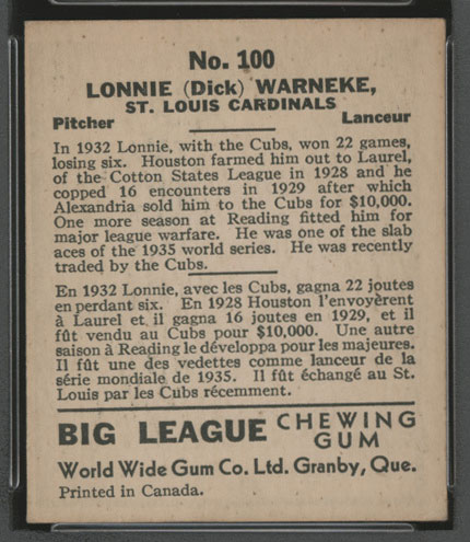 1936 V355 World Wide Gum #100 Lonnie Warneke St. Louis Cardinals - Back