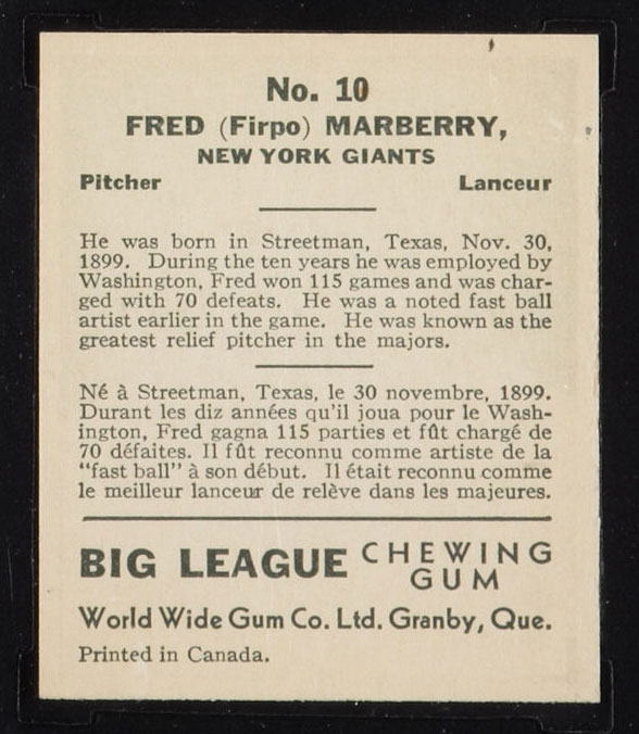 1936 V355 World Wide Gum #10 Fred Marberry New York Giants - Back