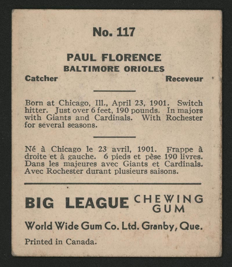 1936 V355 World Wide Gum #117 Paul Florence Baltimore Orioles - Back