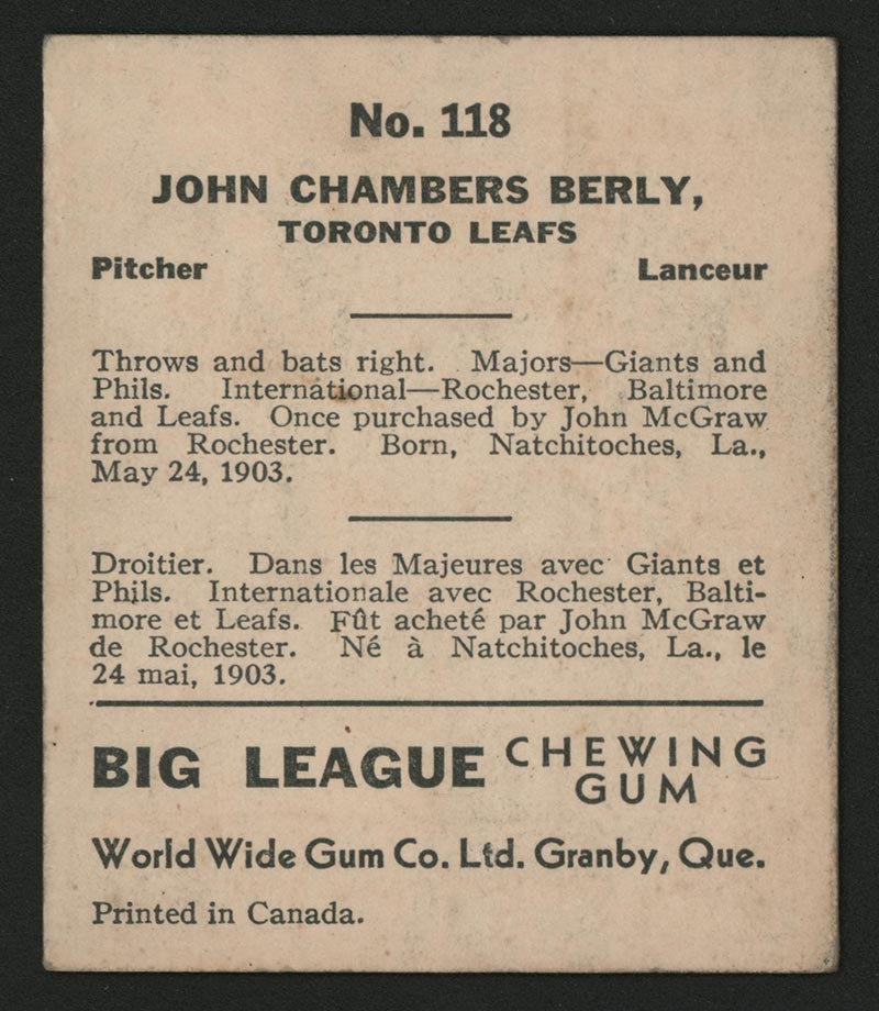 1936 V355 World Wide Gum #118 John Berley Toronto Leafs - Back