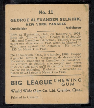 1936 V355 World Wide Gum #11 George Selkirk New York Yankees - Back
