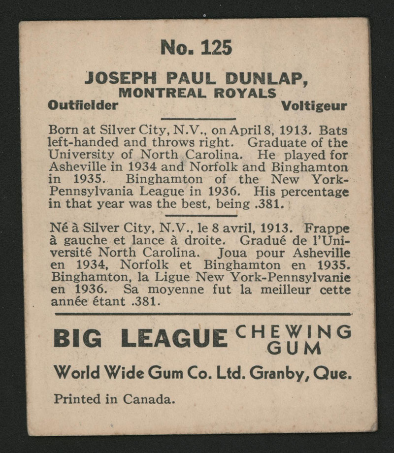 1936 V355 World Wide Gum #125 Paul Dunlap Montreal Royals - Back