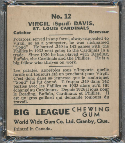 1936 V355 World Wide Gum #12 “Spud” Davis St. Louis Cardinals - Back