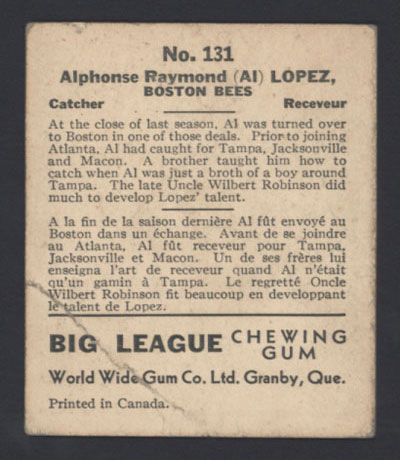 1936 V355 World Wide Gum #131 Al Lopez Boston Bees - Back