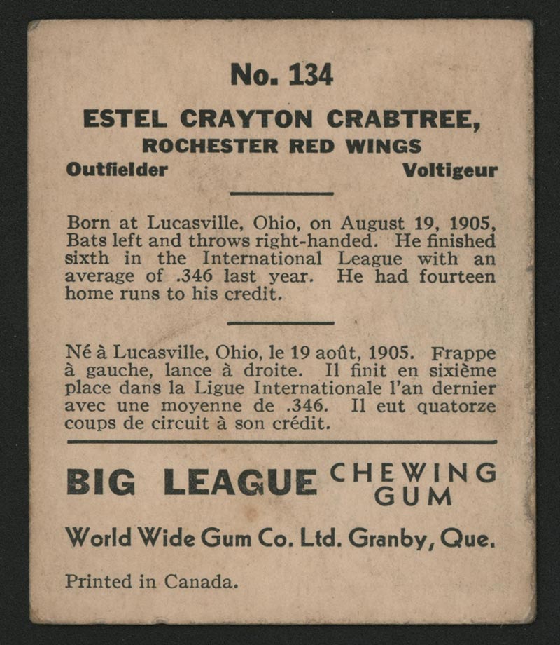 1936 V355 World Wide Gum #134 Estel Crabtree Rochester Red Wings - Back