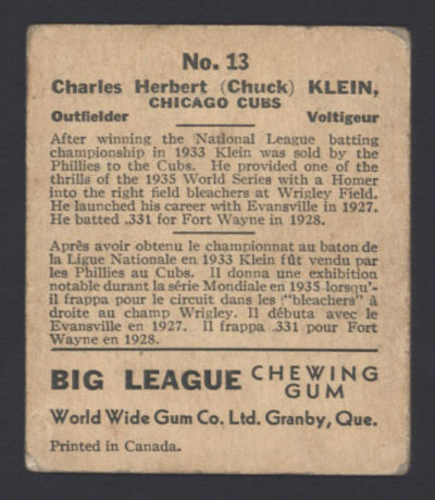 1936 V355 World Wide Gum #13 Chuck Klein Chicago Cubs - Back