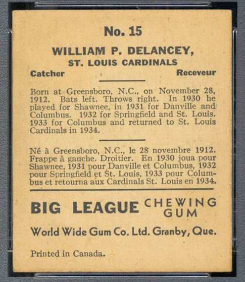 1936 V355 World Wide Gum #15 Bill Delancey St. Louis Cardinals - Back
