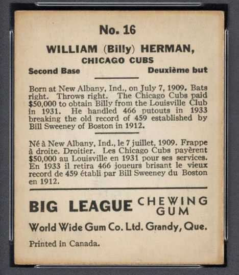 1936 V355 World Wide Gum #16 Billy Herman Chicago Cubs - Back