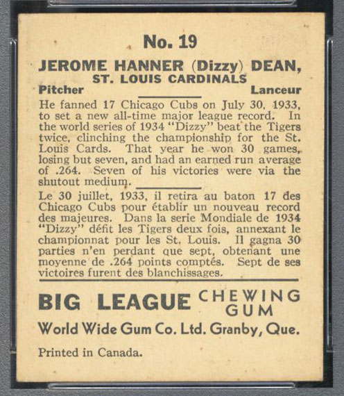 1936 V355 World Wide Gum #19 “Dizzy” Dean St. Louis Cardinals - Back
