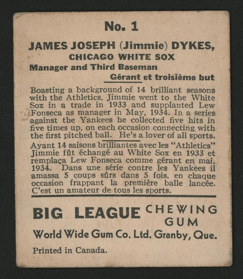 1936 V355 World Wide Gum #1 Jimmy Dykes Chicago White Sox - Back