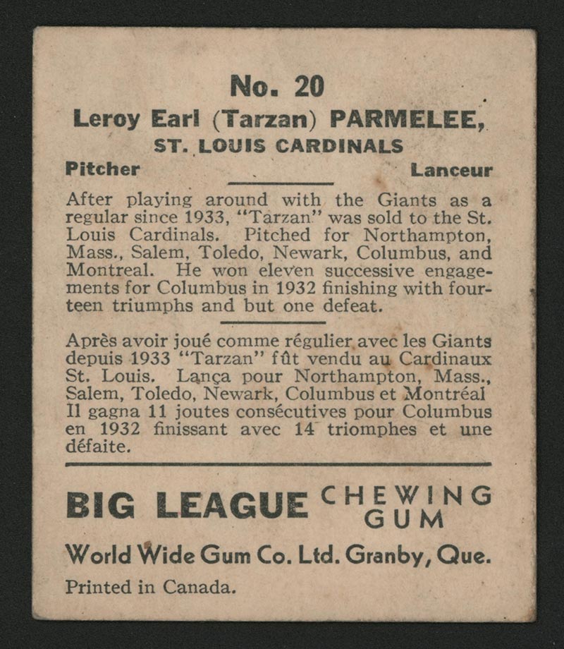 1936 V355 World Wide Gum #20 Roy Parmelee St. Louis Cardinals - Back