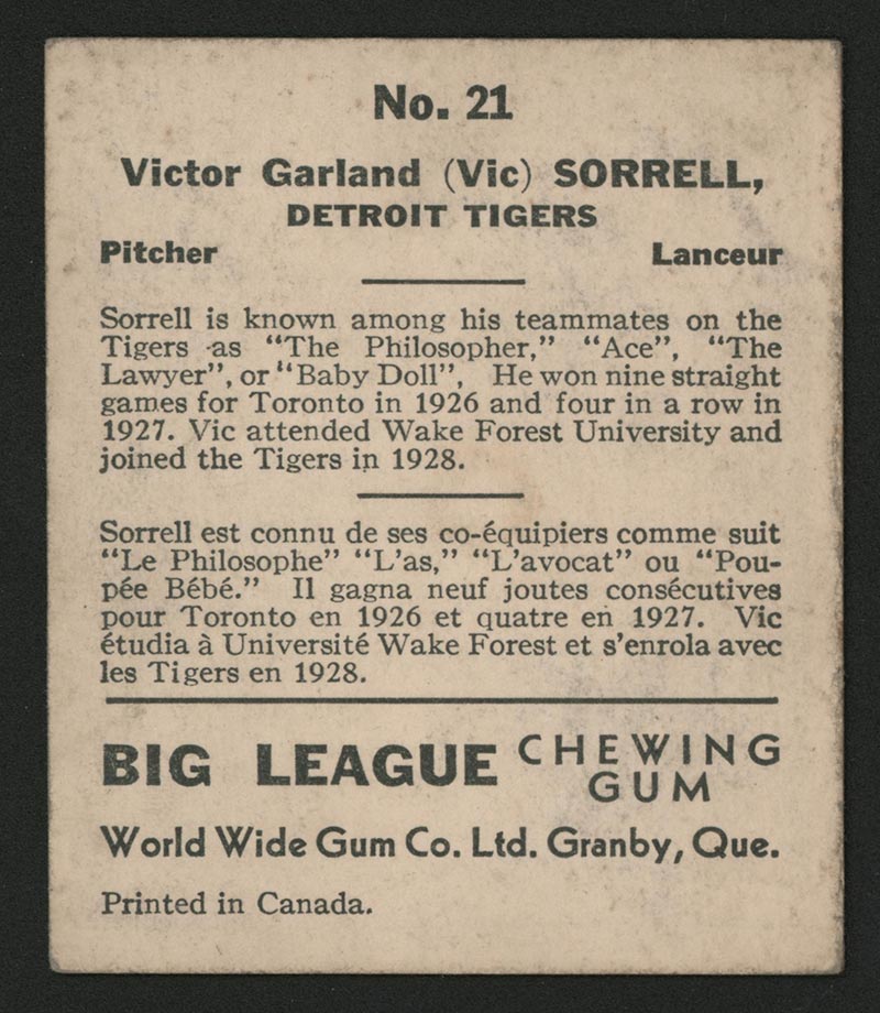 1936 V355 World Wide Gum #21 Vic Sorrell Detroit Tigers - Back